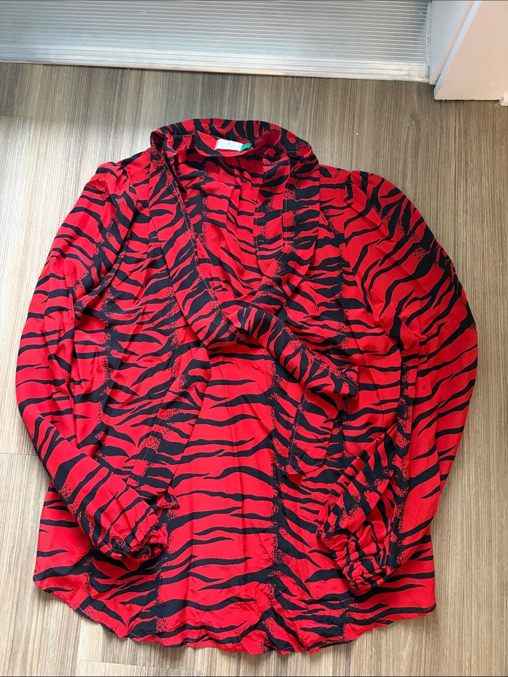 RIXO Red and Black Zebra-Print Long Sleeve Blouse